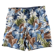 Speedo Mens M Swim Trunks Tropical Floral Elastic Waist Blue Beach Surf Cargo