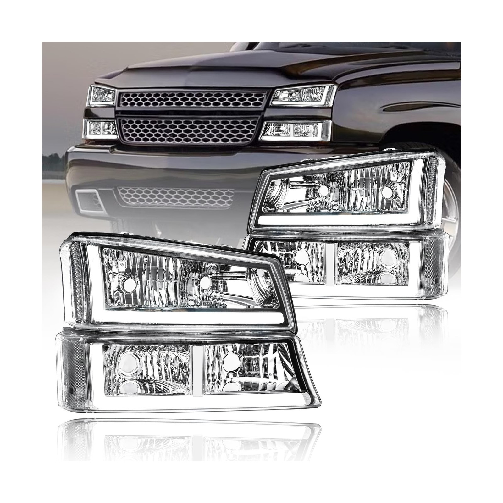 LED DRL Headlights Assembly fit 2003-2006 Chevy Silverado