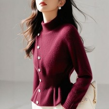 Lady Knit Sweater Jumper Winter Pullover Long Sleeves High Neck Button Decor Top