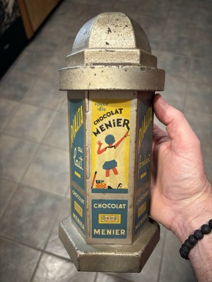 ANTIQUE CHOCOLATE CANDY DISPENSER VENDING BANK CHOCOLAT MENIER TIN
