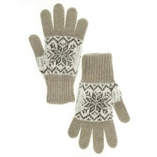 Beige Knit Winter Gloves Snowflake Pattern Wool Blend Unisex Warm Gloves