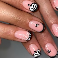 24PCS Halloween Press-On Nails - Glitter French Tip  Spiderweb