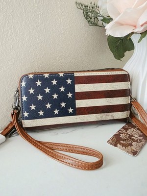 American Flag Double Zip Crossbody Wristlet Wallet - Americana NWT