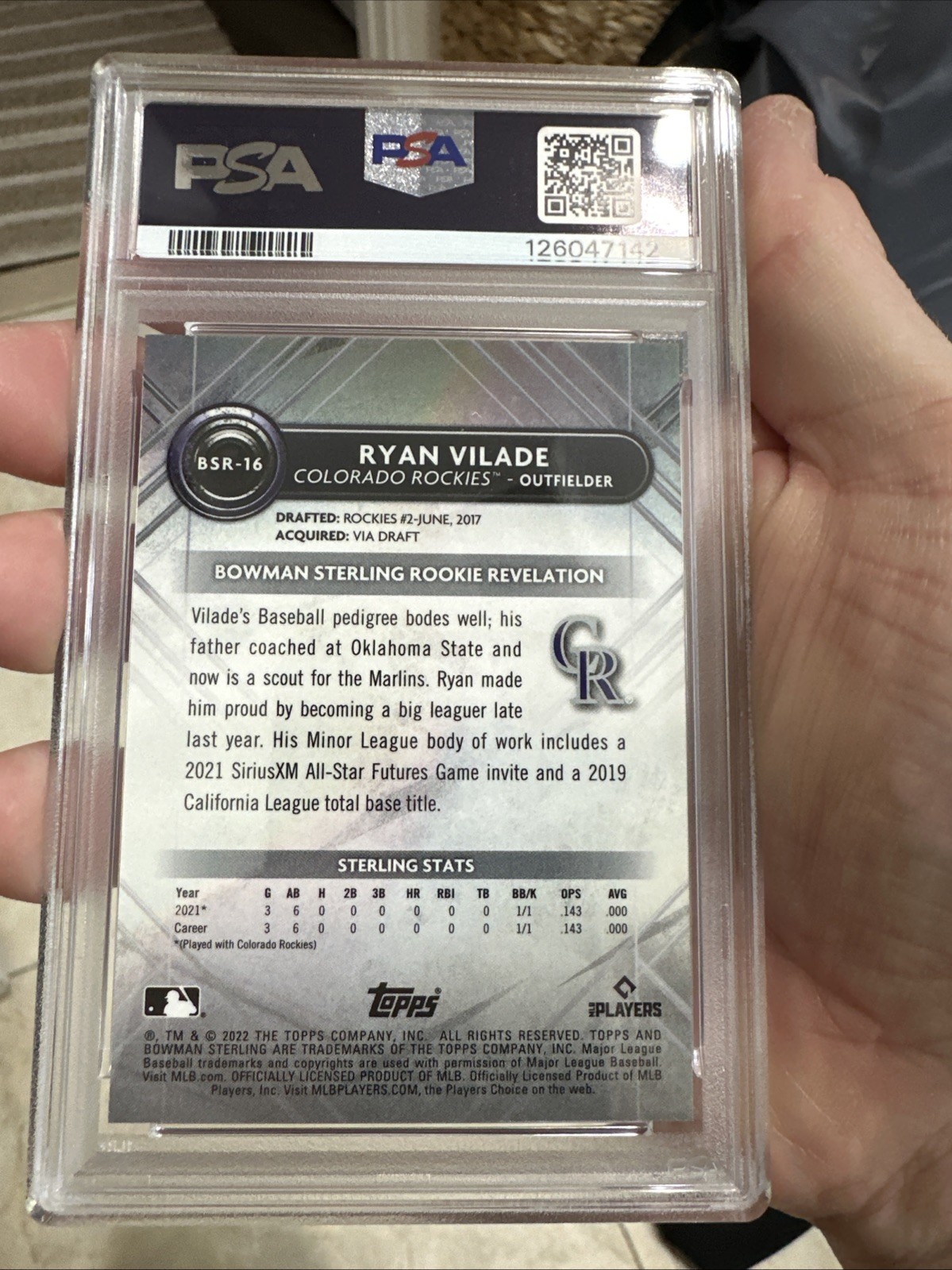 2022 BOWMAN STERLING RYAN VILADE 1/1 SUPERFRACTOR POP 1 PSA 10