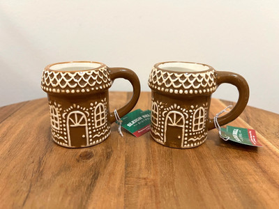 2 Gingerbread Espresso Ceramic Mugs Mini 1.69 OZ Ea Christmas Ginger Bread House