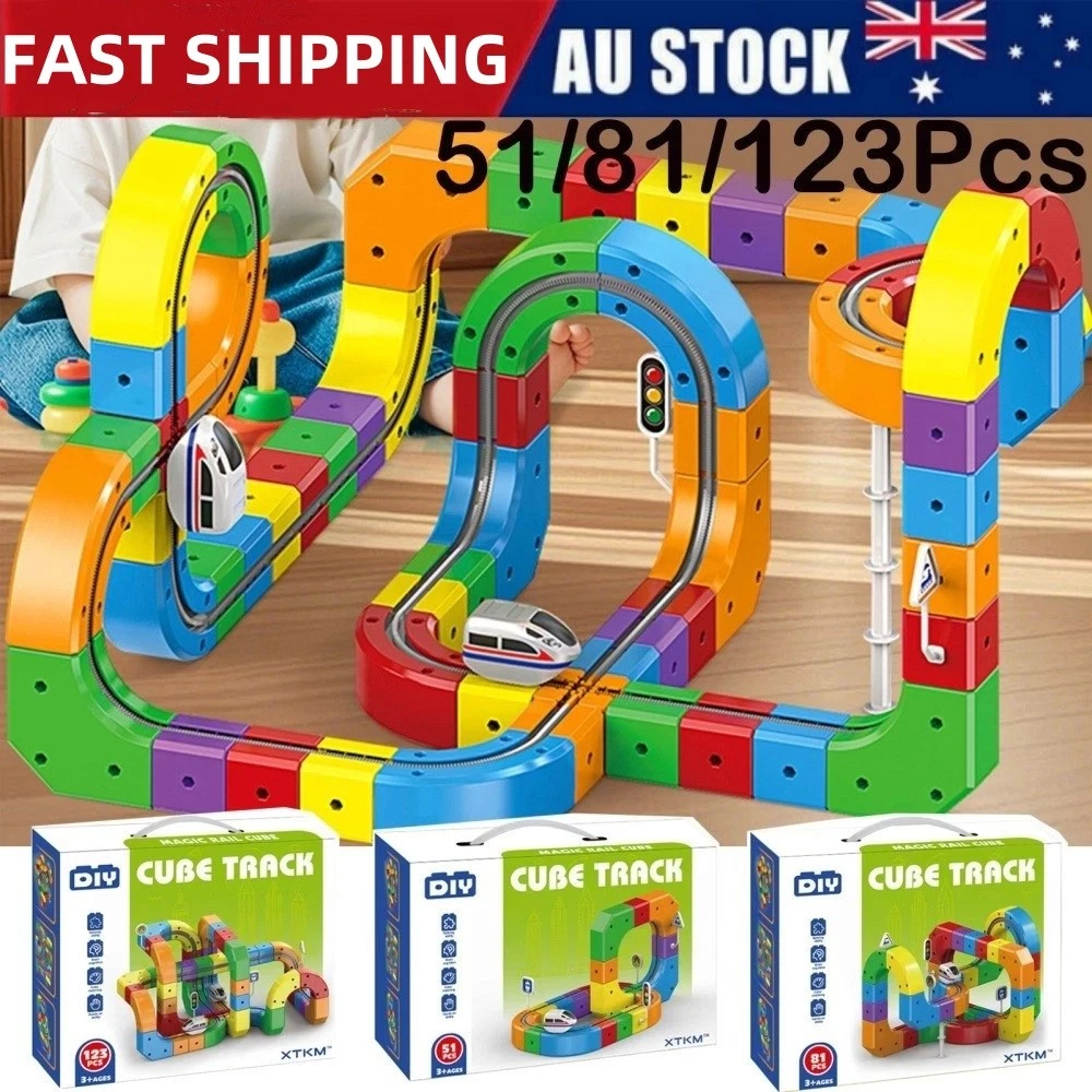 51-123Pcs Klick Rail Electric Train Set Magic Cube Track 3D Stem Learning Toy AU
