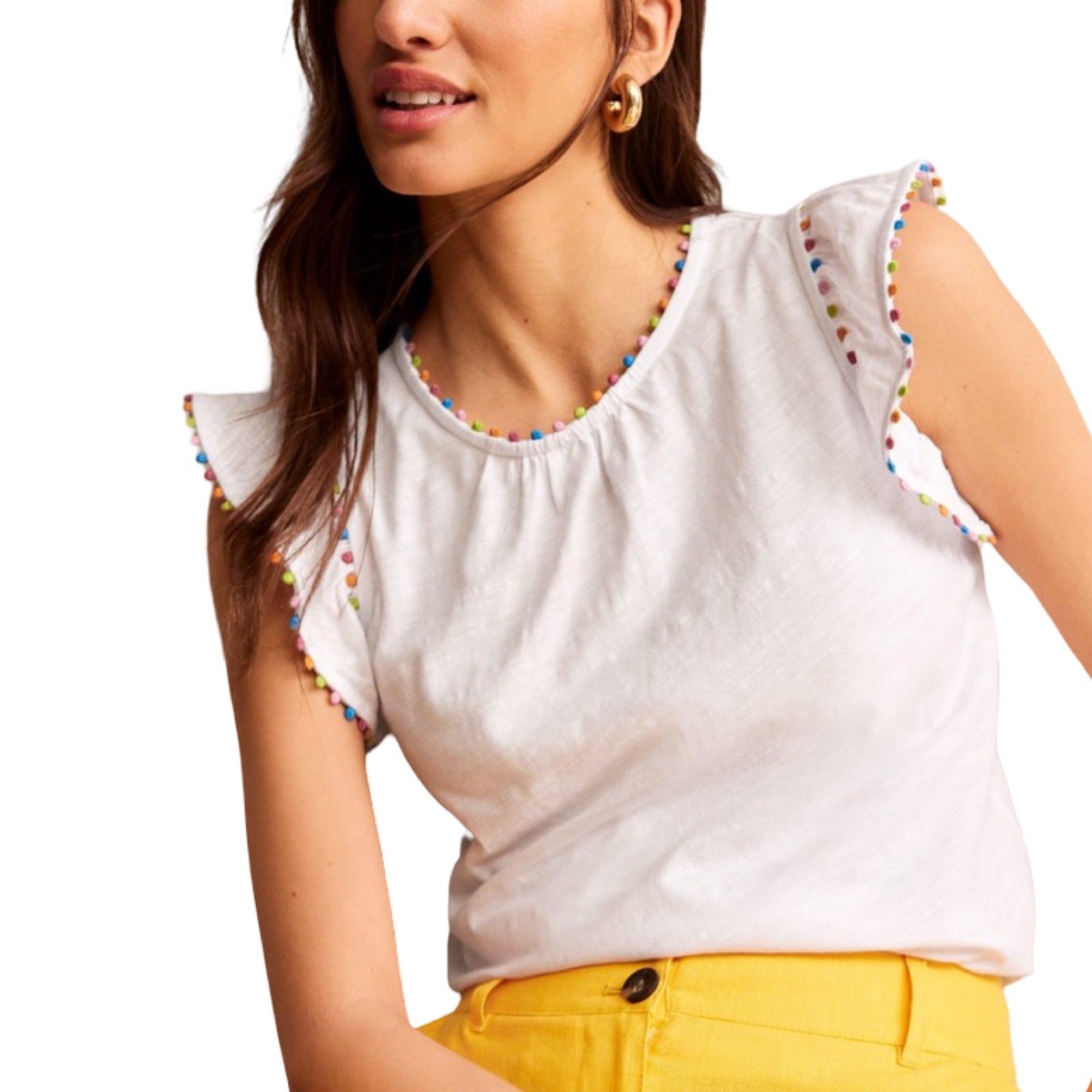 Boden White Pom Trim Ruffle Sleeve Cotton Top Size US 10