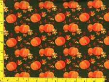 Pumpkins Fall Leaves on Dark Green Quilting Fabric by Yard 854