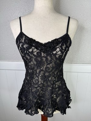 Vtg Lace Sheer Babydoll Black Sz S Cami Fairy Coquette Romantic Lingerie Dainty