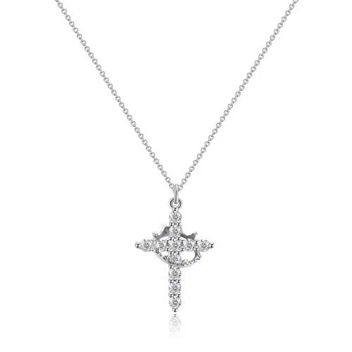 Crown Cross Pendant Necklace Women Rhinestone Rotating Charm Silver Tone Gift - product listing photo
