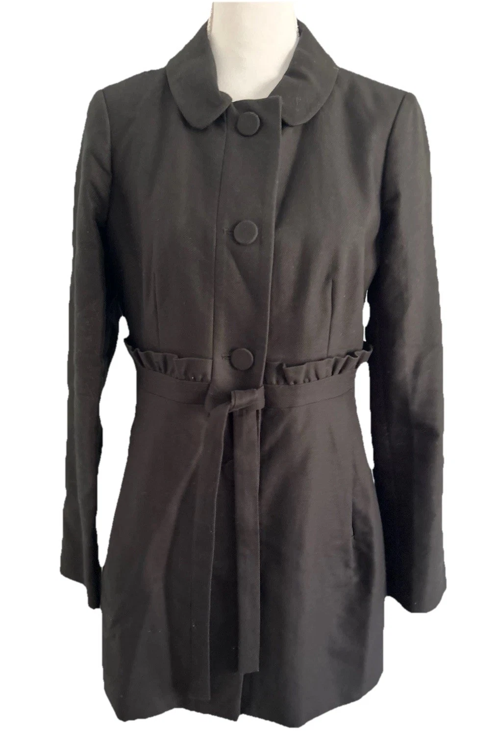 VETEMENTS Cappotto J Crew NERO LEGGERO 100% cotone cravatta davanti. Dettaglio volant taglia 6 us intime ottimeioni