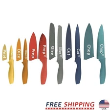 12 Piece Kitchen Knife Set Stainless Steel Color Coded W/ Safety Covers New