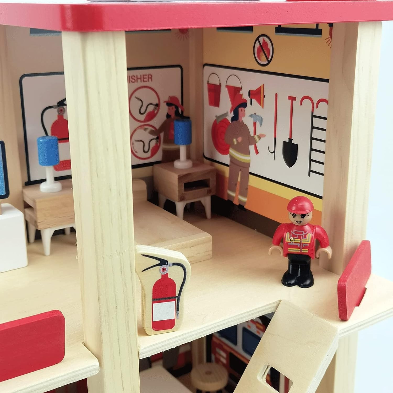 Wooden Fire Station Playset with Figures, Truck, Helicopter for Kids 3+
