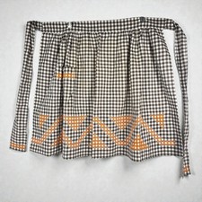 Vtg Brown Gingham Half Apron Checkered Embroidery Pocket Granny Cottage Retro