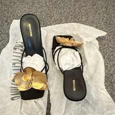 PLT  Women’s Black & Gold Slip-On Sandals Block Heel Flower Accent UK 4