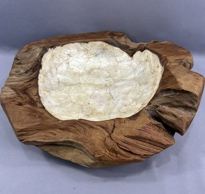 Vtg Handmade Teak Wood Root Pearl Decorative Fruit Bowl 15'' x 15'' x 5'' Thick