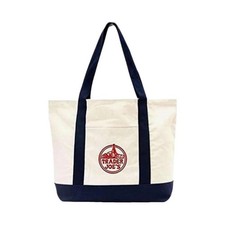 Trader Joe's Foldable Canvas Reusable Tote Bag Beige Navy Blue Solid