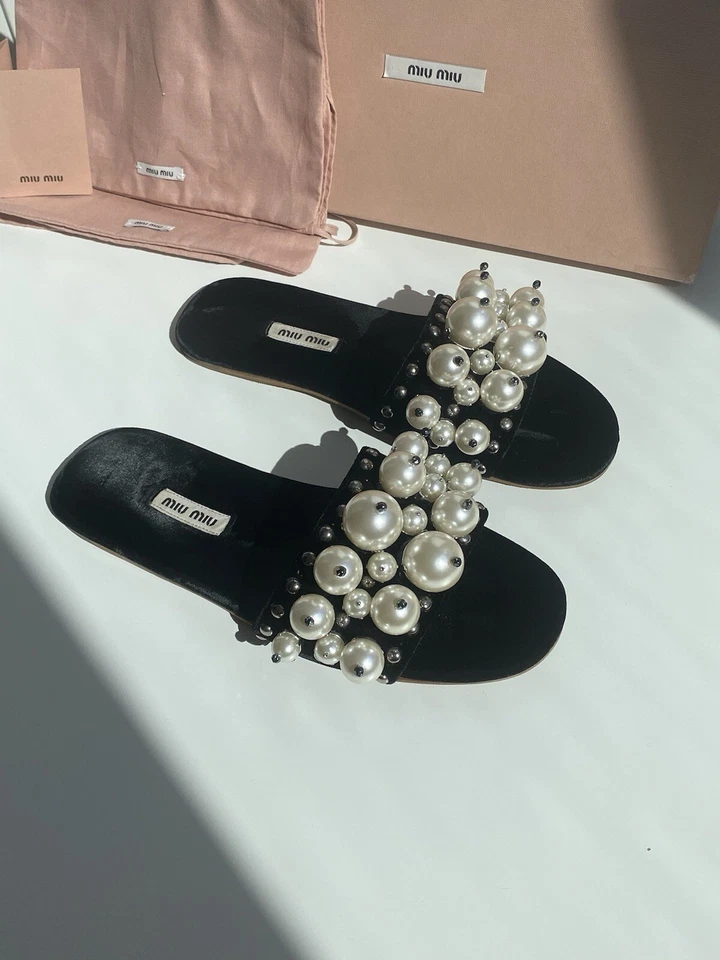 Miu Miu Velvet Slide Flats Embellished Pearly Women US6.5 - Image 4 of 4