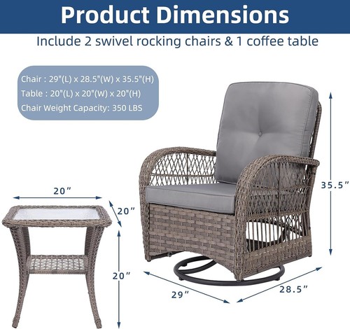 3 PCs Patio Wicker Conversation Bistro Set Rattan Gliding Rocking Swivel Chairs - Picture 20 of 32