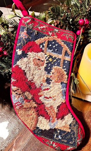 Pair of Vintage Christmas Cross Stitch Stockings Santa w/ Reindeer Child - Picture 2 of 6