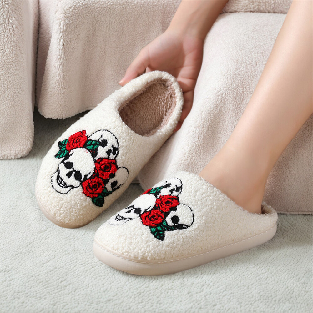 APL Halloween Plush Slippers Skeleton Rose Slippers Anti Slip Soft for Men Women