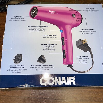 CONAIR 209R IONIC CERAMIC CORD KEEPER HAIR DRYER, PINK, 1875 WATTS