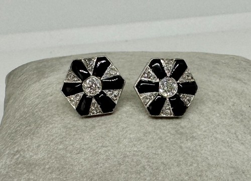 Art Déco Pendientes Diamante Ónice Negro Platino Antigua,de Mina Rosa Corte - Imagen 3 de 22