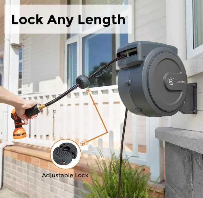 Carrete de manguera de jardín retráctil Giraffe Tools 60-155 pies carrete de manguera de agua montaje en pared Foto 3 de 4