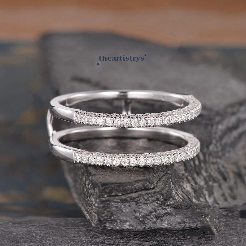 Moissanite Enhancer Guard Wedding Band 0.80 Carat Round Cut Solid 14K White Gold - Image 2 of 4