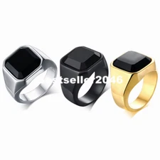 Men's Stainless Steel Black Glass Signet Promise Ring Wedding Band Size 7-13