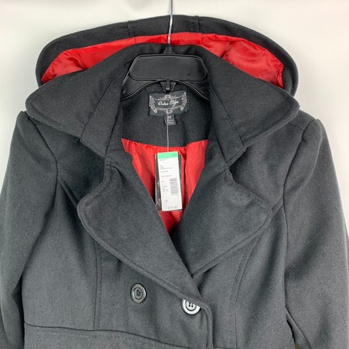 Outer Edge Hooded Pea Jacket Black Double Breasted Pockets Lined Size M NEW - Picture 4 of 10