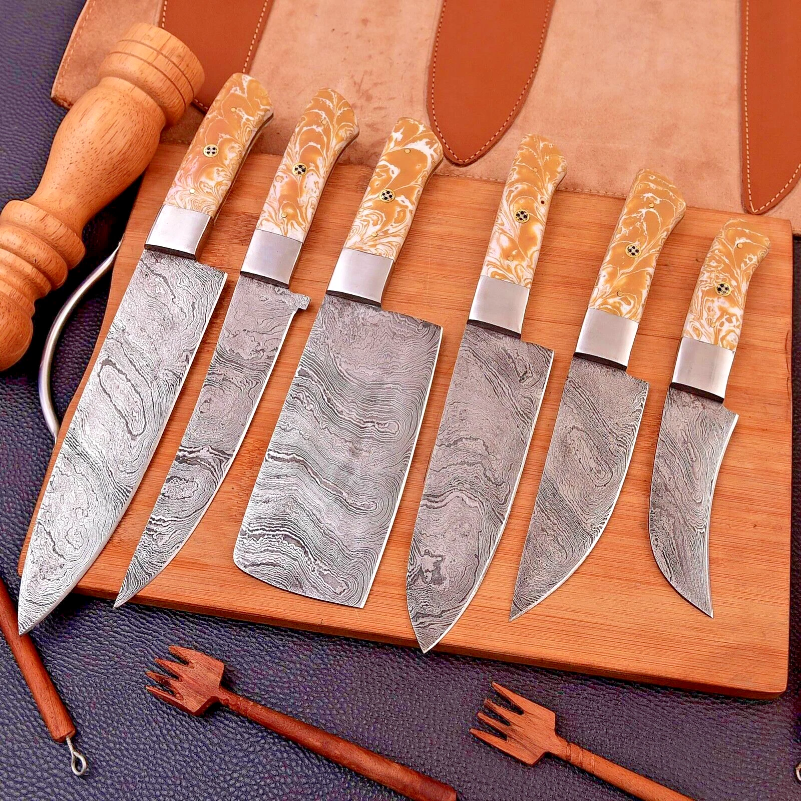 CUSTOM HANDMADE DAMASCUS STEEL CHEF KNIFE SET KITCHEN WOOD HANDLE WITH ROLL BAG