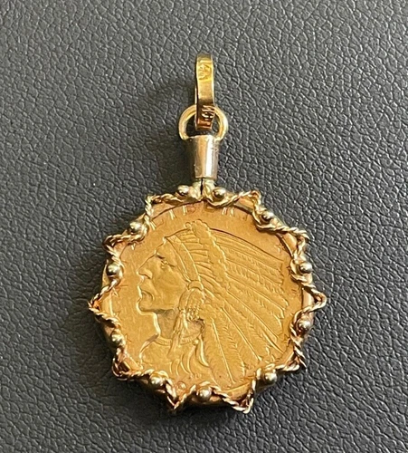 1911 P Indian Head $2.5 Quarter Eagle Gold in 14kt Yellow Gold Pendant 5mm Bale