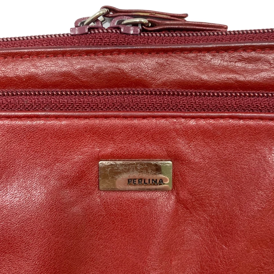 Cartera de mano vintage PERLINA de cuero rojo oscuro pequeña con cremallera superior Foto 2 de 4