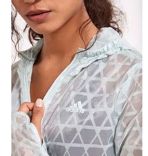 Adidas Women Small Running Jacket Hood Pockets Light Blue Sheer Full Zip