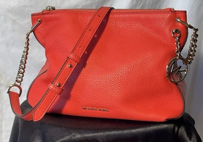 MICHAEL KORS Lillie Large Messenger Crossbody Bag NWOT Red Coral Pebbled Leather