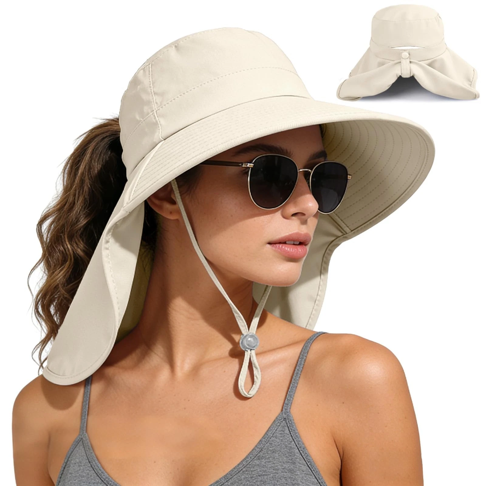 Sun Hat for Women with Neck Flap Ponytail Hole Women Sun Hat Rollable UV Prot...