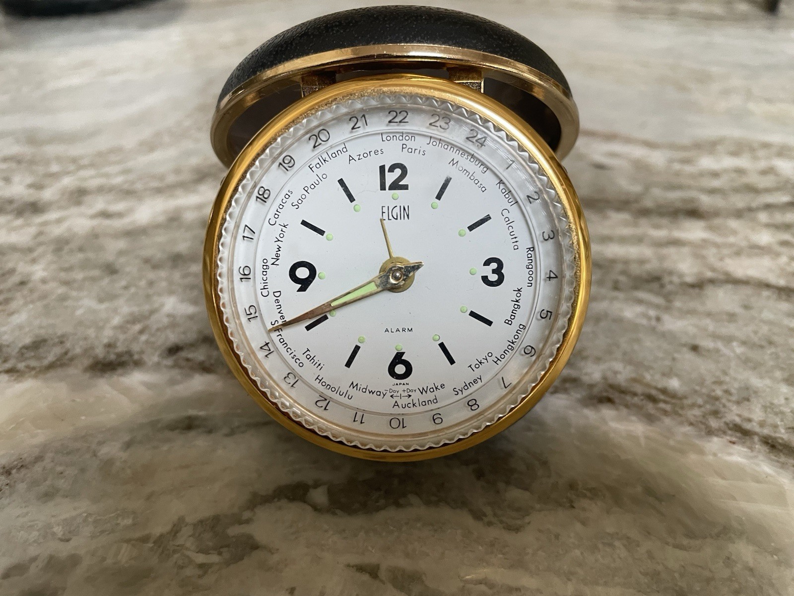 Vintage Elgin World Time Travel Alarm Clock Black Leather Case - Works