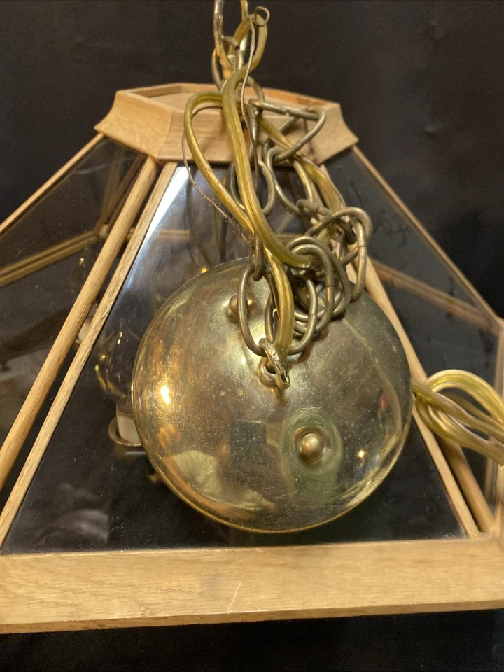 Lamas de madera latón vidrio vintage MCM colgante lámpara accesorio de techo HEXÁGONO Foto 2 de 4