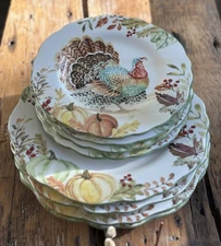 Potter's Studio Autumn Harvest 4 DINNER & 4 SALAD PLATES Turkey Pumpkins ~ New