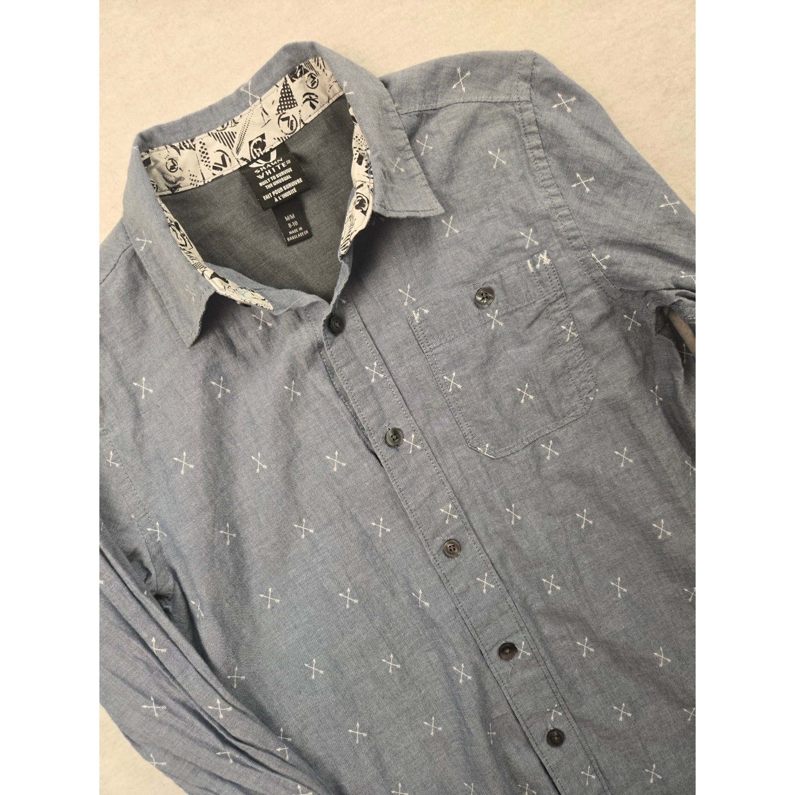 Shaun White Boys M 8-10 Blue Chambray Button Down Shirt Built To Survive