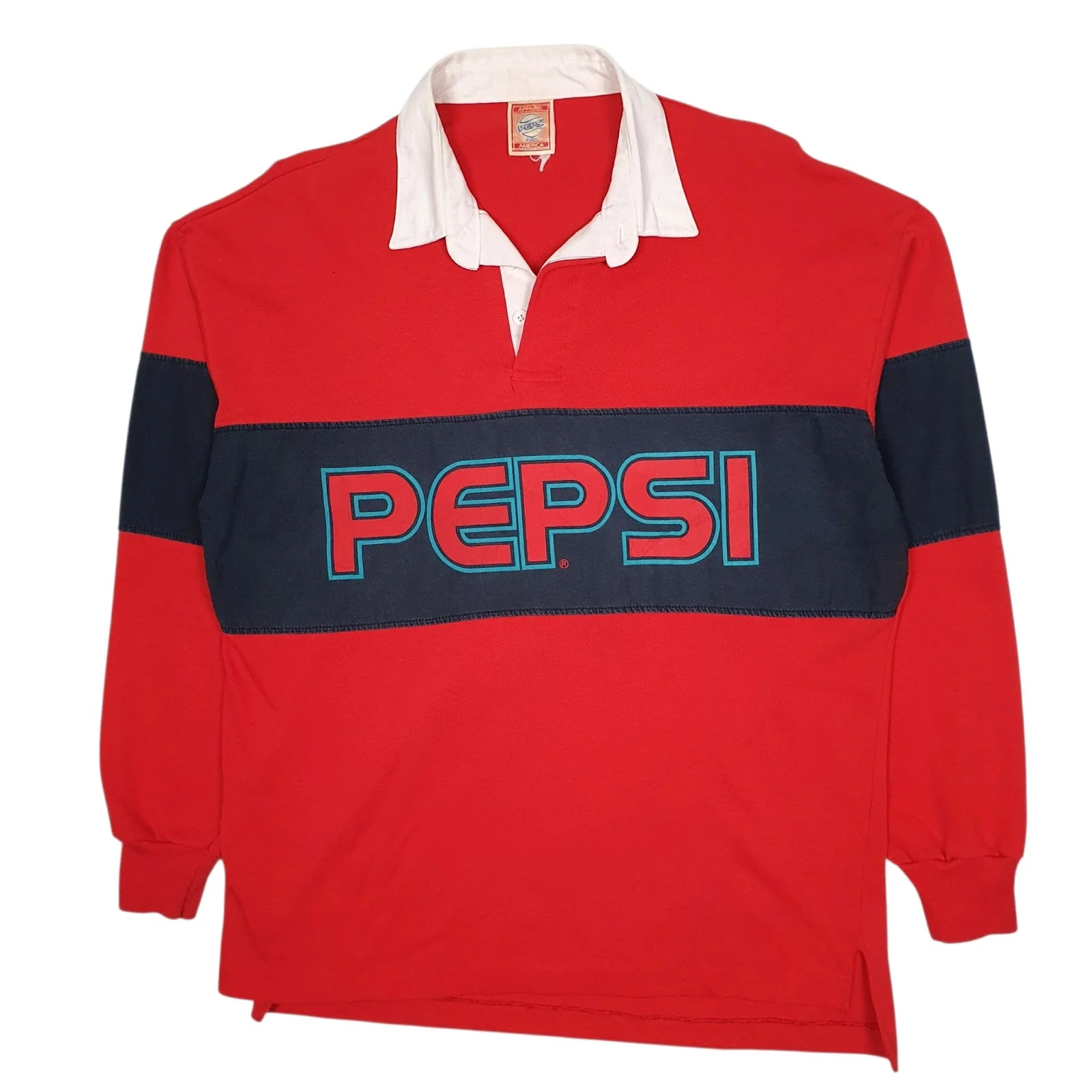 PEPSI AMERICA Red Polo Shirt Rugby Vintage 90s American Made Long Sleeve Cotton