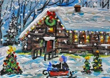 ACEO Original  PAINTING Winter XMAS HOUSE Cabin Trees Snow Child Landscape ART