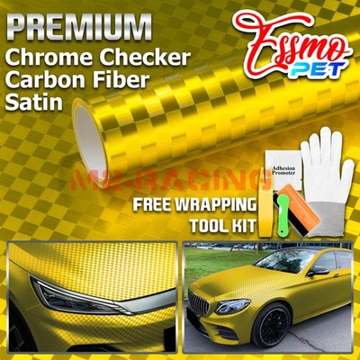 ESSMO PET Chrome Checker Carbon Fiber Satin Gold Vinyl Wrap Film Decal Sticker