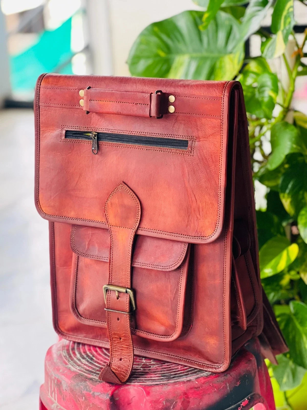 Goat Leather Backpack Bag Laptop Rucksack Vintage Brown Men's Genuine Travel