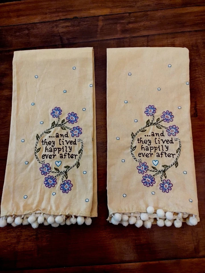 2-Natural Life Linen Blend Kitchen Tea Towels Embroidered ''Happily Ever after"  - Image 4 of 4