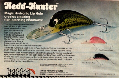 1978 HEDDON HEDD-HUNTER BABY BASS LURE PRINT AD, CLASSIC FISHING