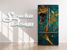 Teal Gold Flowers Grunge Floral Dots Fridge Freezer Wrap Side Door Vinyl Decal