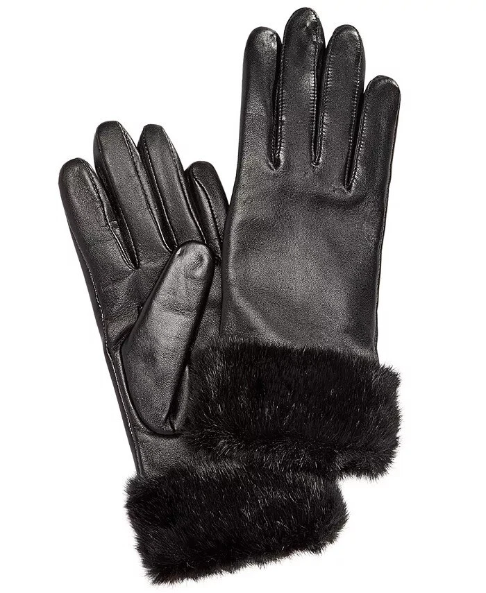 Charter Club Women's Leather Tech Faux Fur Cuff and Lined Gloves, Size S