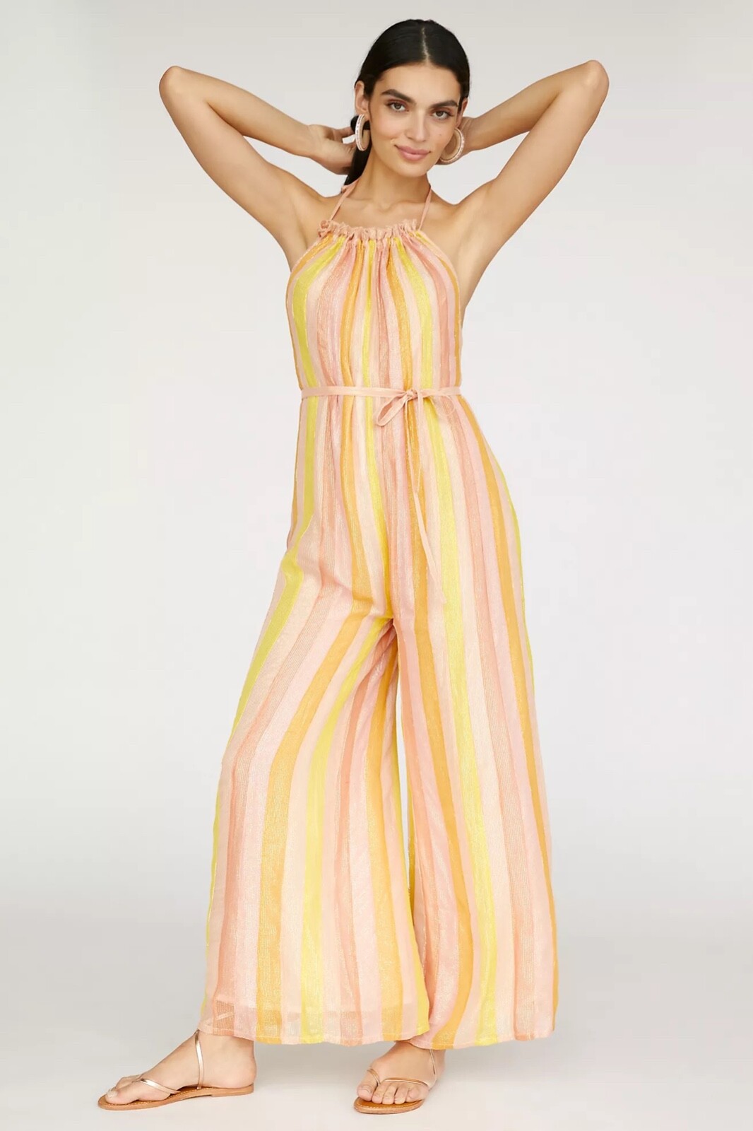 NWT ANTHROPOLOGIE SUNDRESS SOPHIE STRIPE HALTER LINED JUMPSUIT ROMPER PEACH L/XL